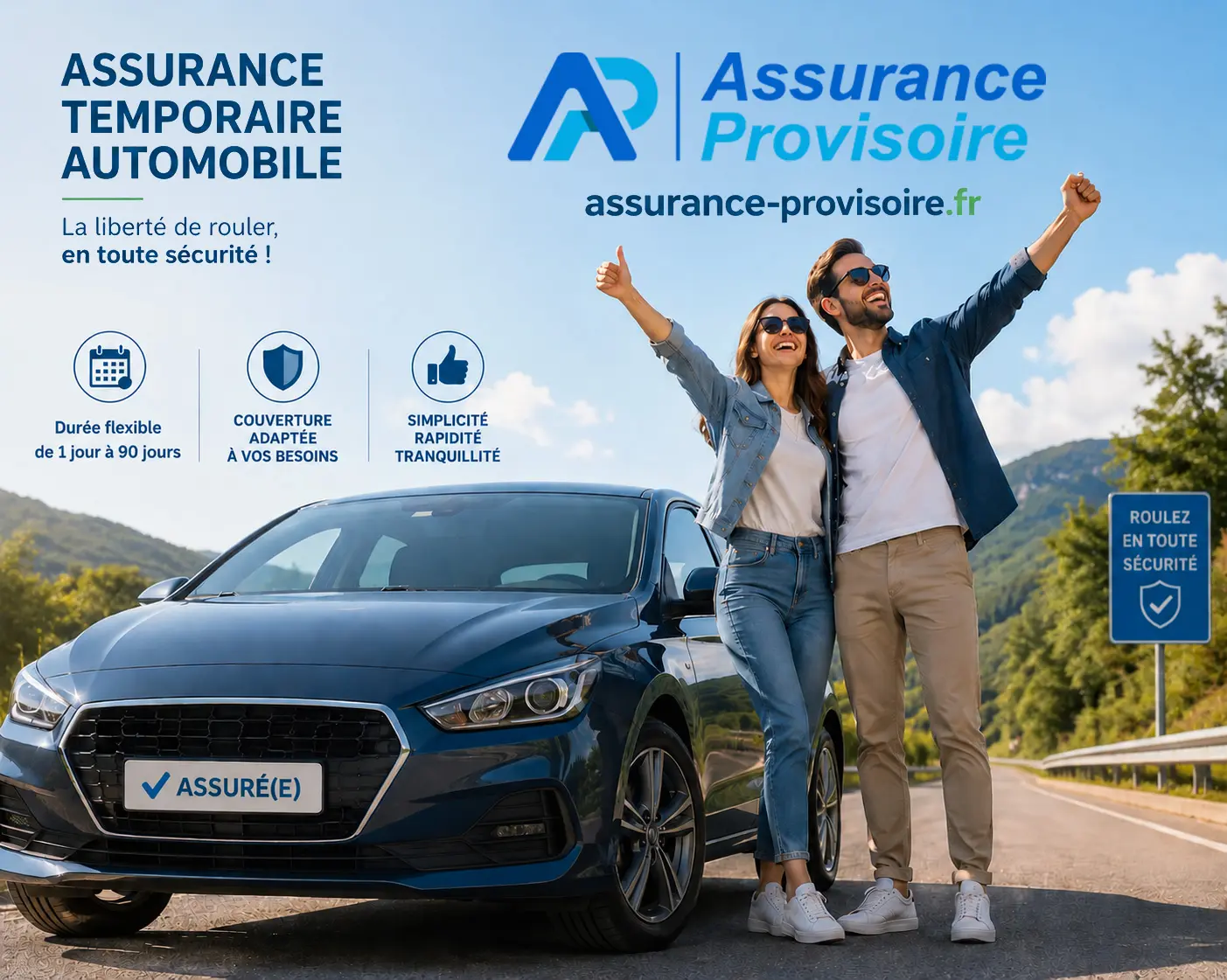 Assurance temporaire automobile — couple souriant devant leur voiture assurée