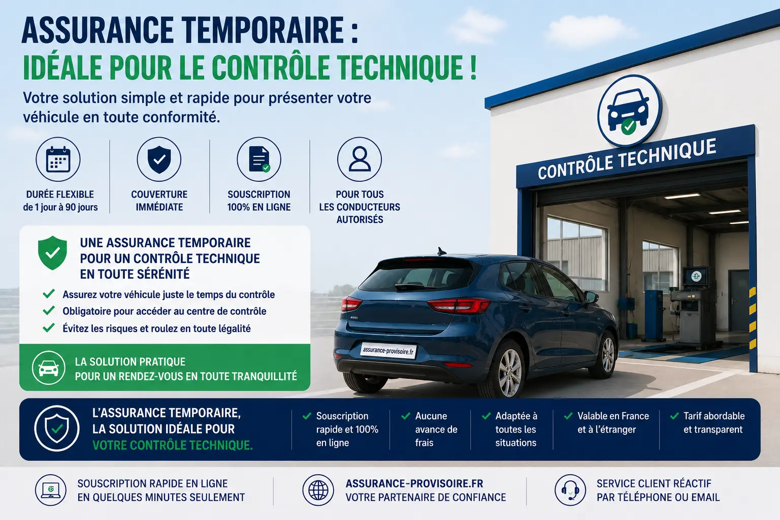 Voiture devant un centre de contrôle technique avec mémo d'assurance temporaire sur smartphone
