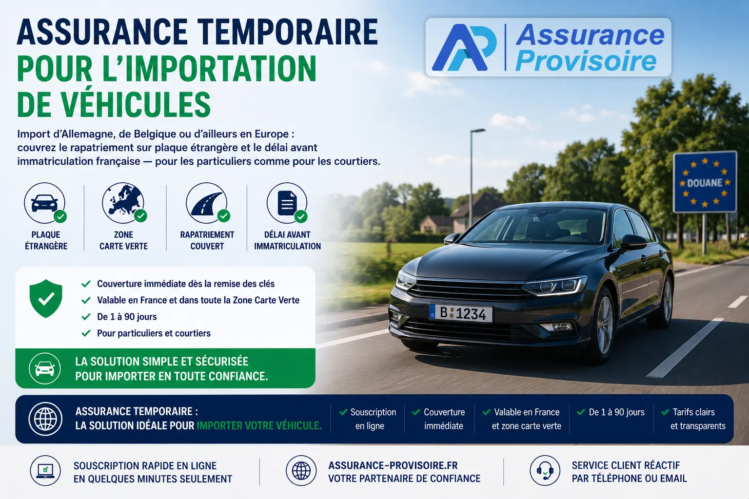 Assurance temporaire pour l'importation de véhicules — plaque étrangère, Zone Carte Verte, rapatriement couvert