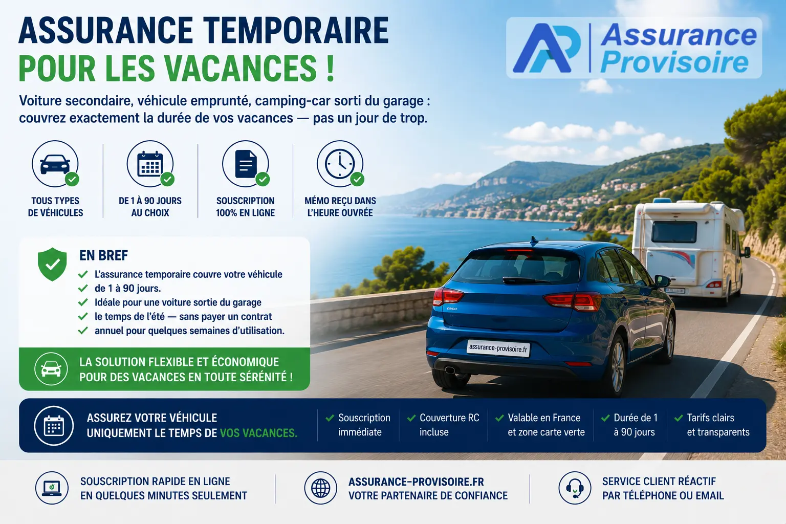 Assurance temporaire pour les vacances — voiture secondaire, camping-car, véhicule emprunté, de 1 à 90 jours