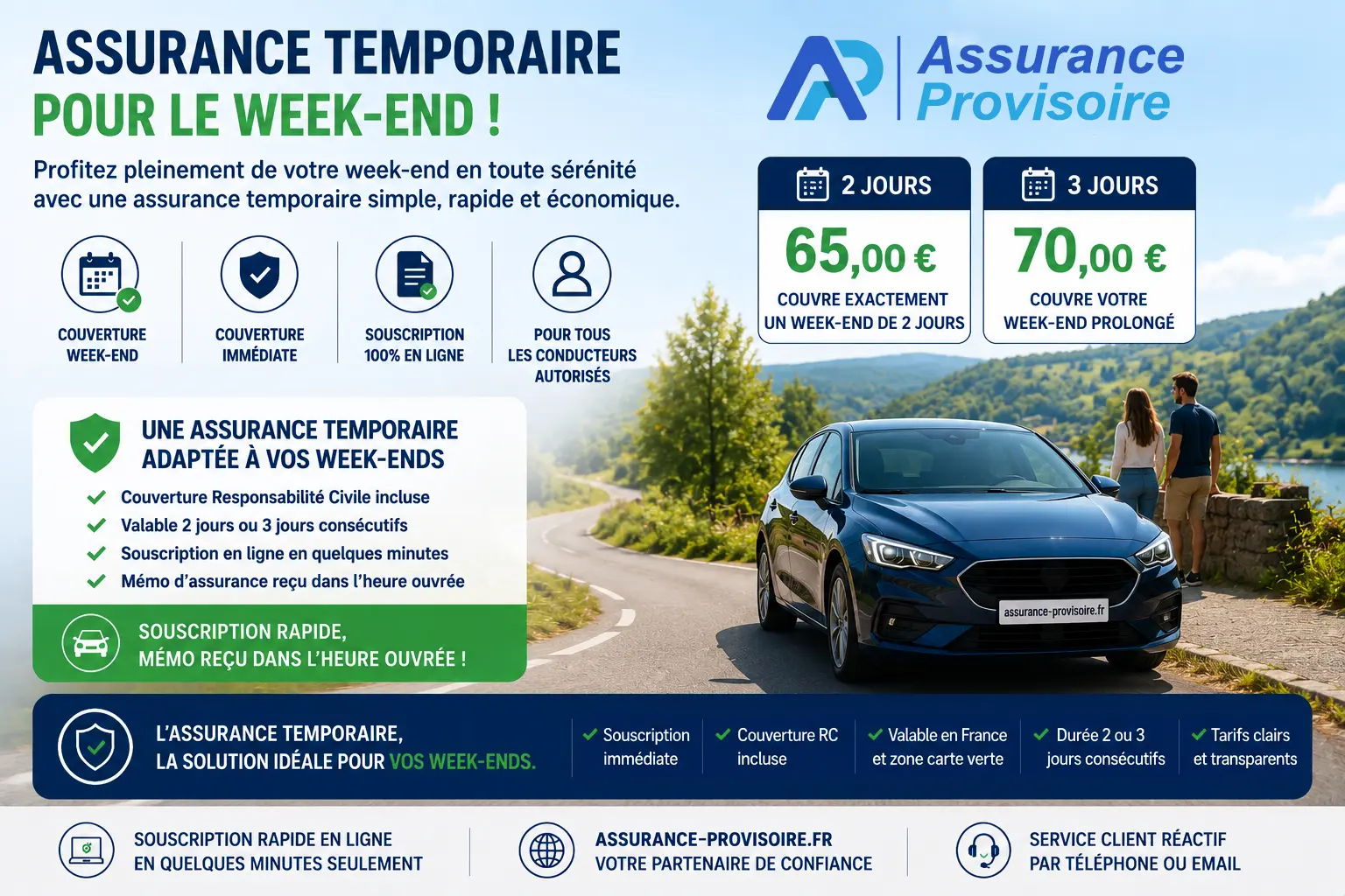 Assurance temporaire pour le week-end — 2 jours 65€, 3 jours 70€, mémo reçu dans l'heure ouvrée