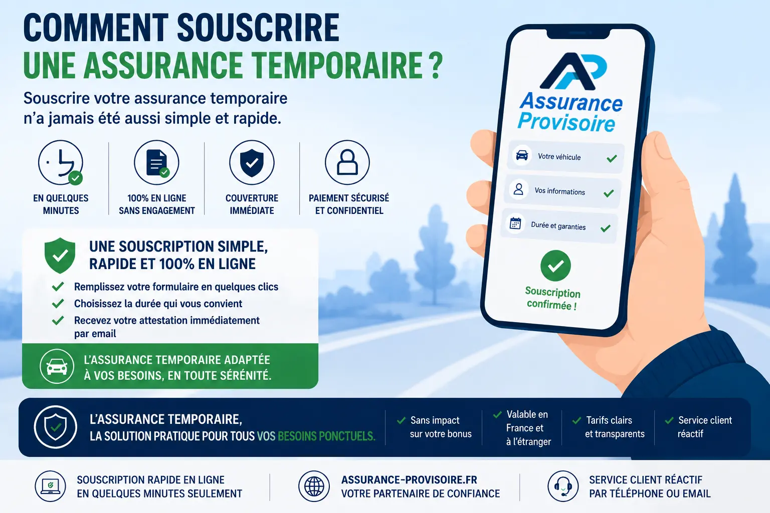 Souscription d'une assurance temporaire en ligne sur smartphone, confirmation immédiate