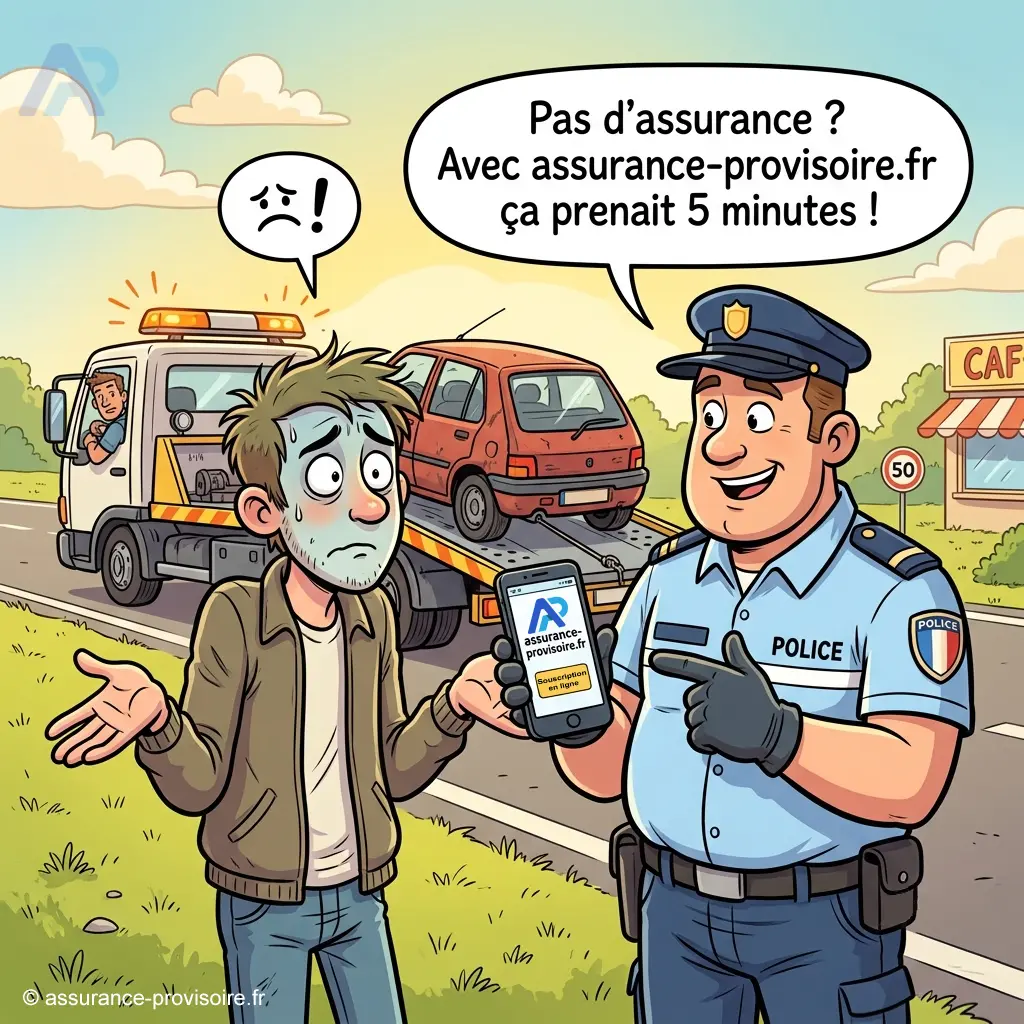 Policier montrant assurance-provisoire.fr à un conducteur sans assurance dont le véhicule est en fourrière